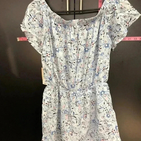 BeBop Off The Shoulder Floral Romper, tie waist, flutter short sleeve - Picture 2 of 9